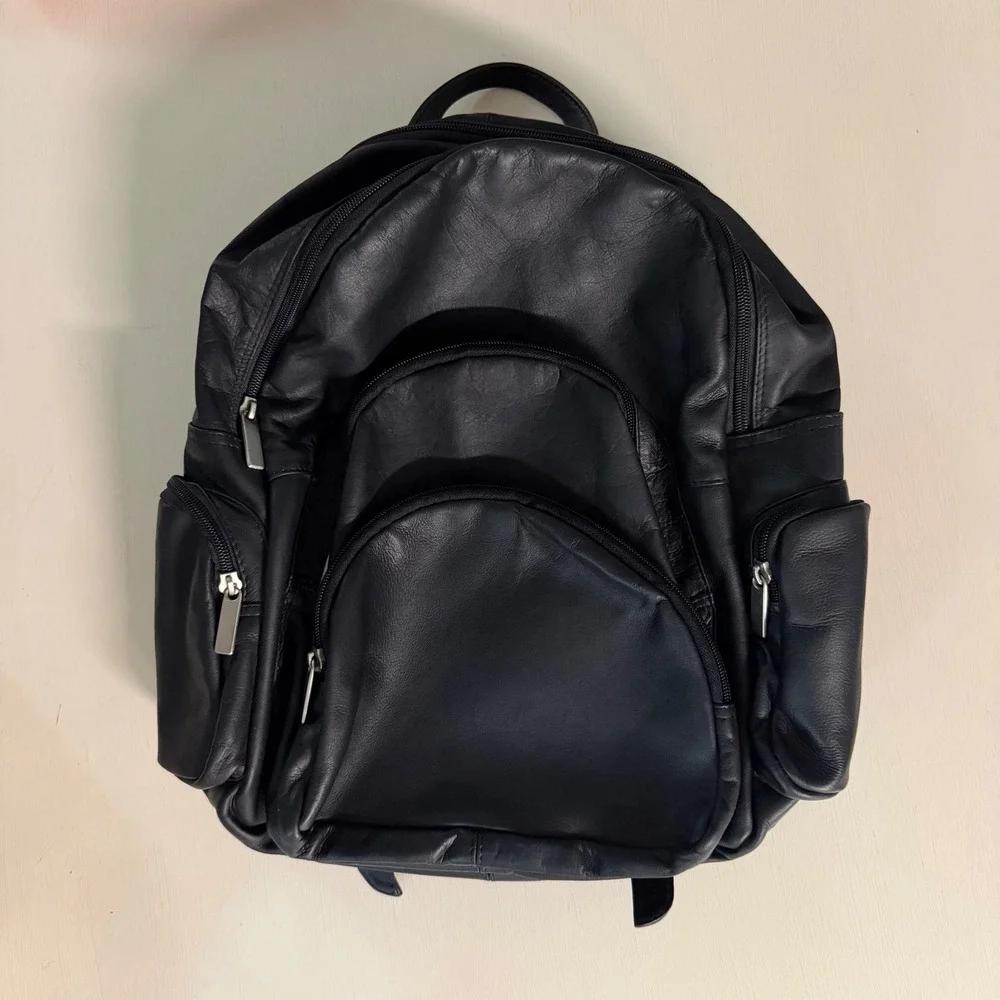 Vintage Genuine Leather Black Backpack Made in Colombia Multi Pocket Travel Bag